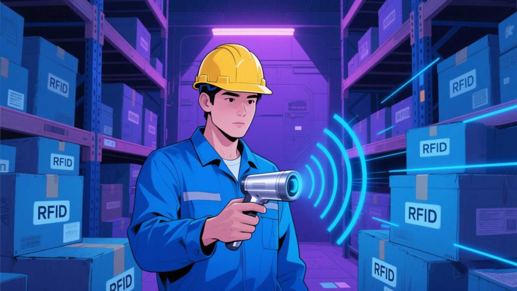A worker using a handheld RFID scanner in a warehouse, with radio waves visualized.