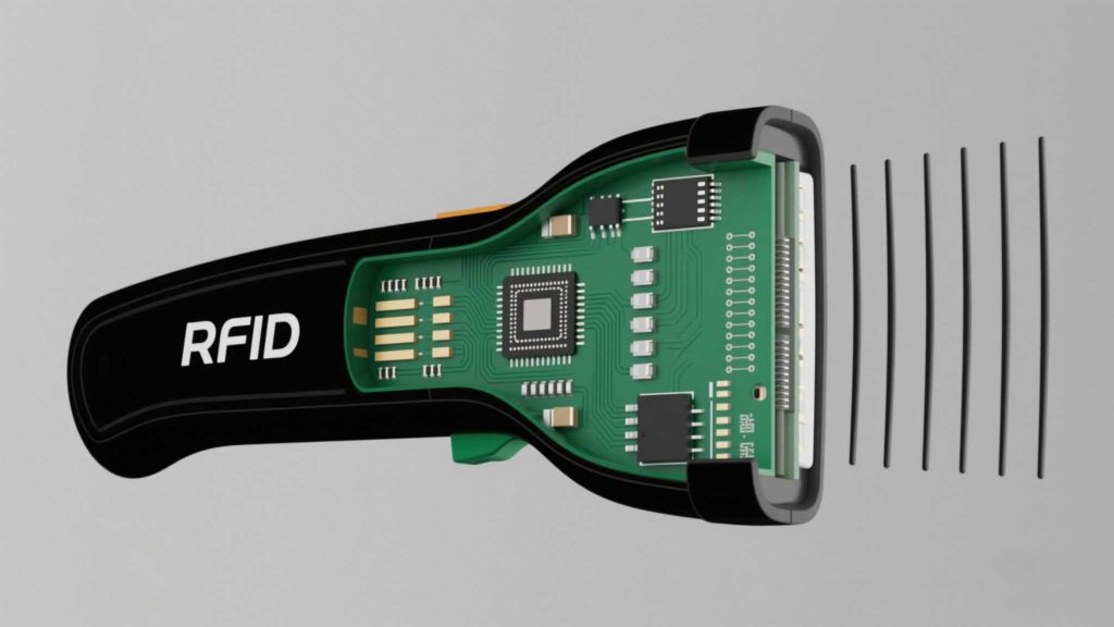 Cross-section diagram of an RFID scanner showing antenna, transceiver, and processor.