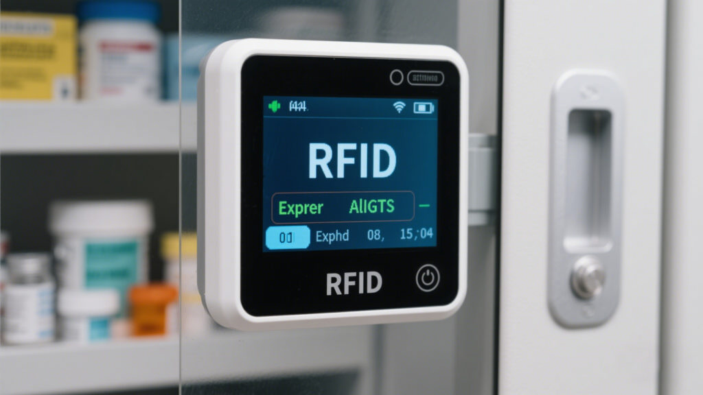 Close-up of an RFID-enabled medication cabinet with expiry date alerts on screen