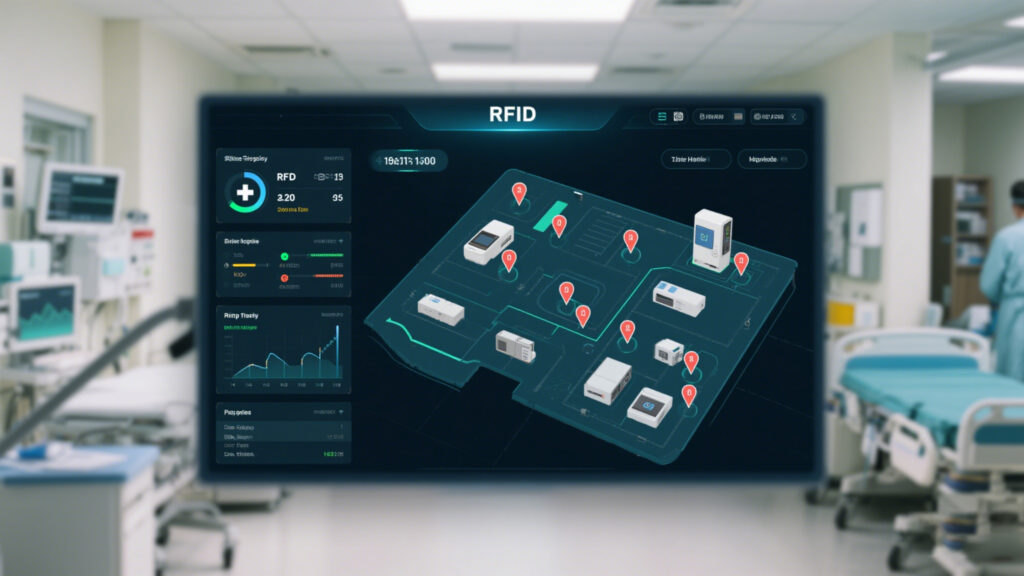 Real-time hospital floorplan dashboard showing RFID-tracked equipment locations