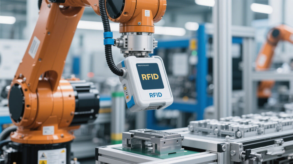 UHF RFID reader installed on a robotic arm, verifying parts during assembly