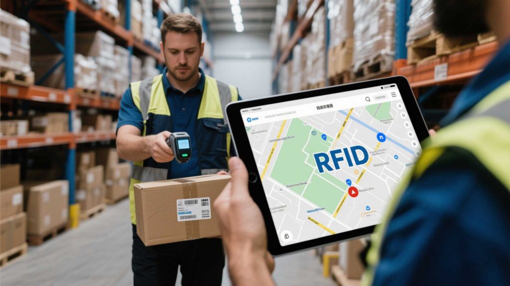 Warehouse worker scanning passive RFID-tagged boxes vs. active RFID tracking map on a tablet.