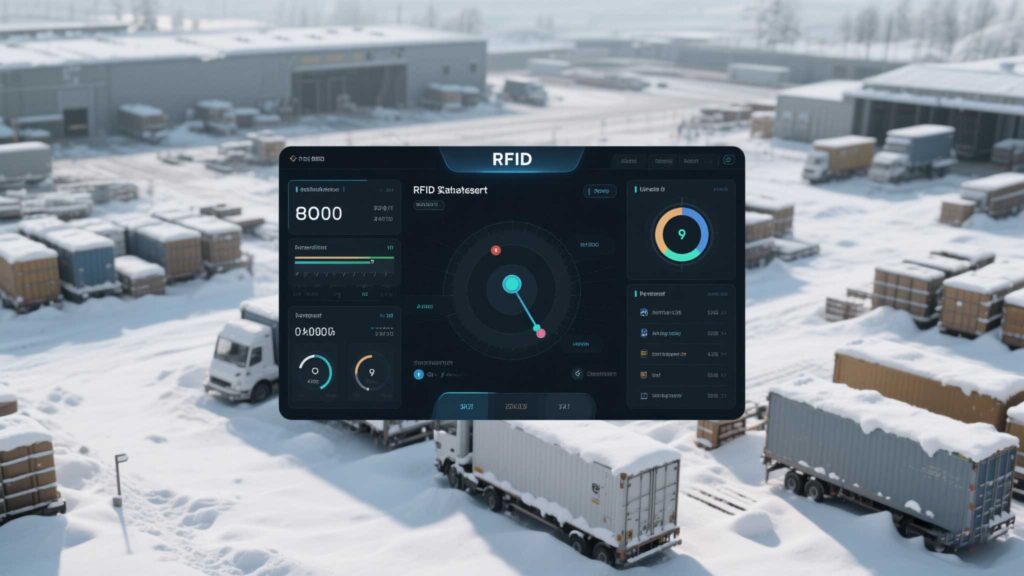 A dashboard showing the real-time asset locations of RFID antennas in the snow-covered logistics yard.