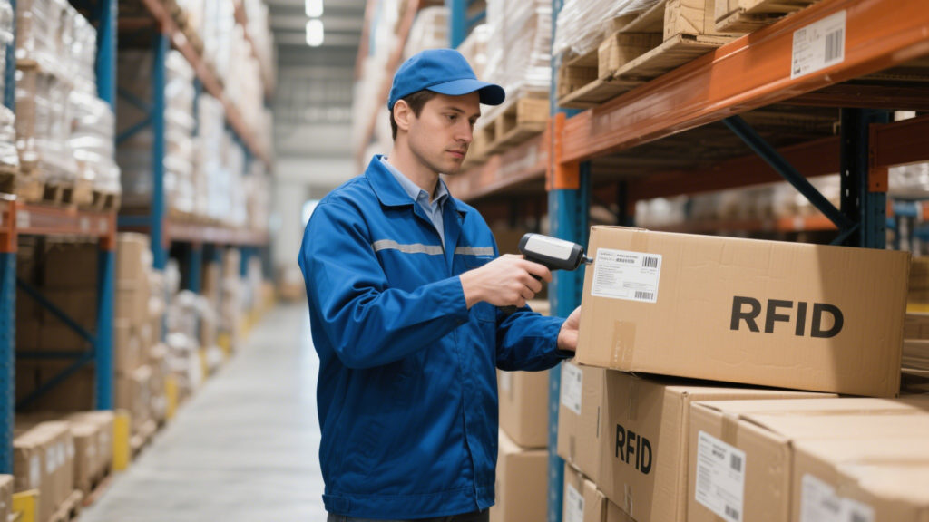 A worker scanning passive RFID-tagged boxes in a warehouse
