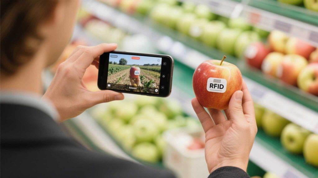 Phygital Experiences​​: Shoppers point phones at RFID-tagged apples to watch harvest videos.