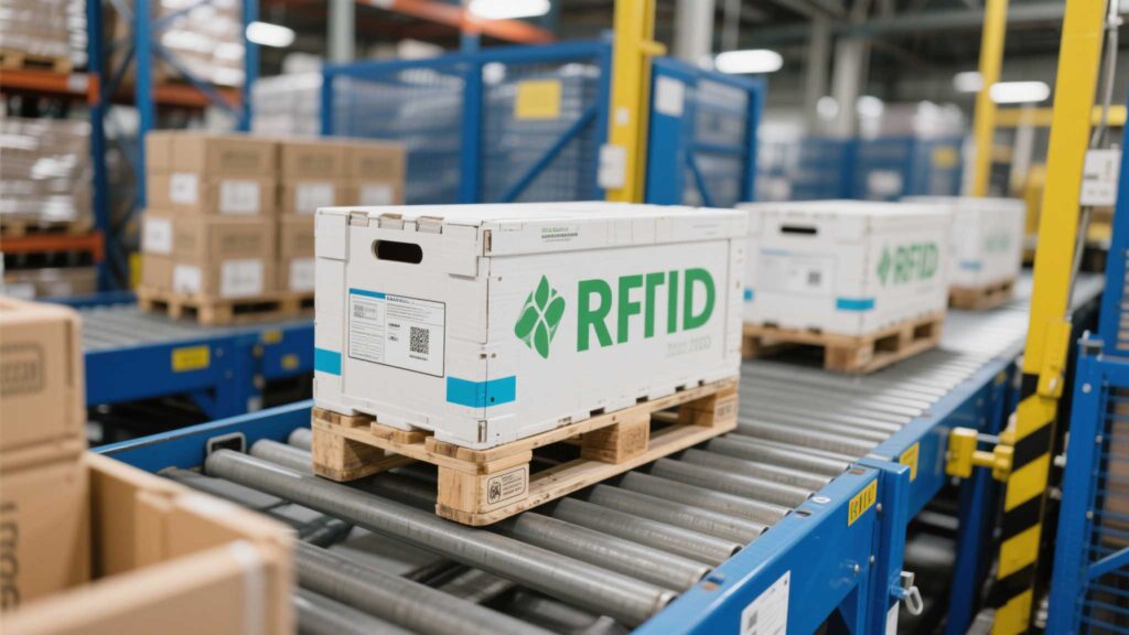 RFID-tracked reusable crates moving through a sorting facility.