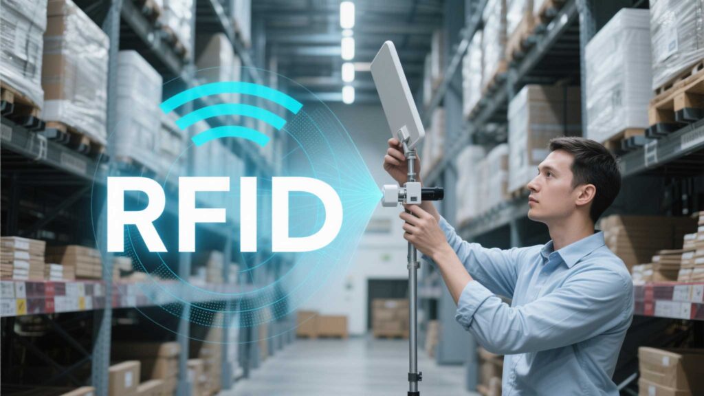 An engineer adjusting an RFID antenna’s angle in a warehouse, with signal coverage visualized.