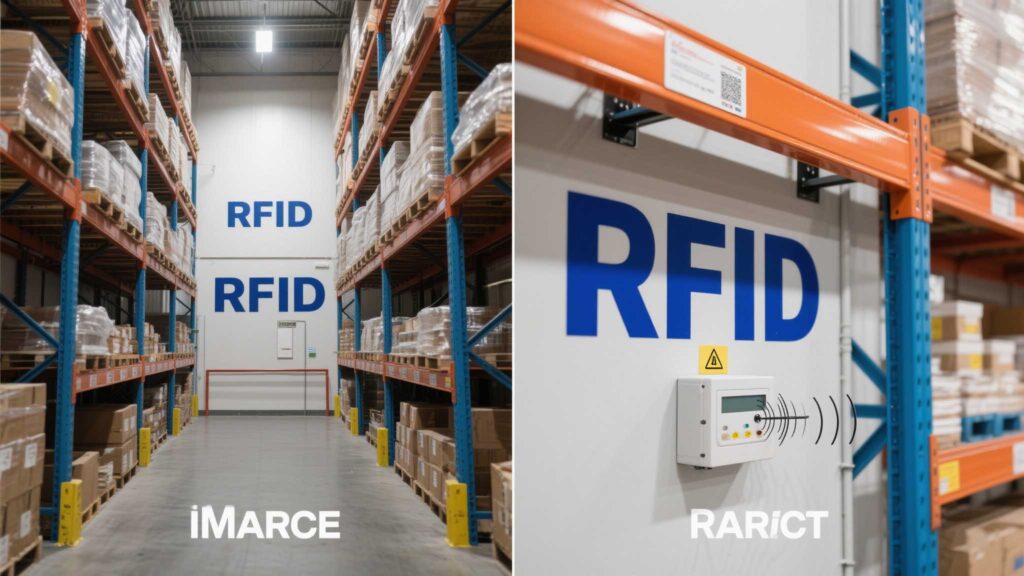 Split-screen showing incorrect vs. correct RFID antenna placement in a warehouse.