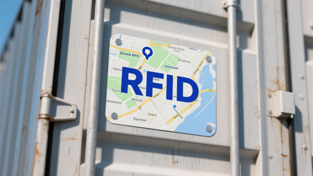 An active RFID tag attached to a shipping container, with a real-time tracking map overlay