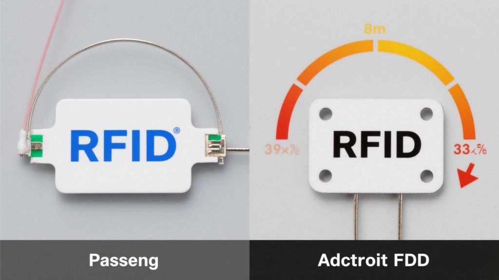 Side-by-side comparison of passive and active RFID tags/antennas with range indicators.