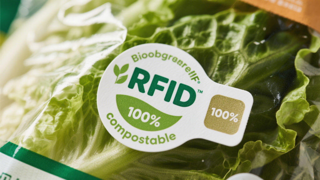 Close-up of a biodegradable RFID tag on a lettuce package, showing a “100% compostable” label