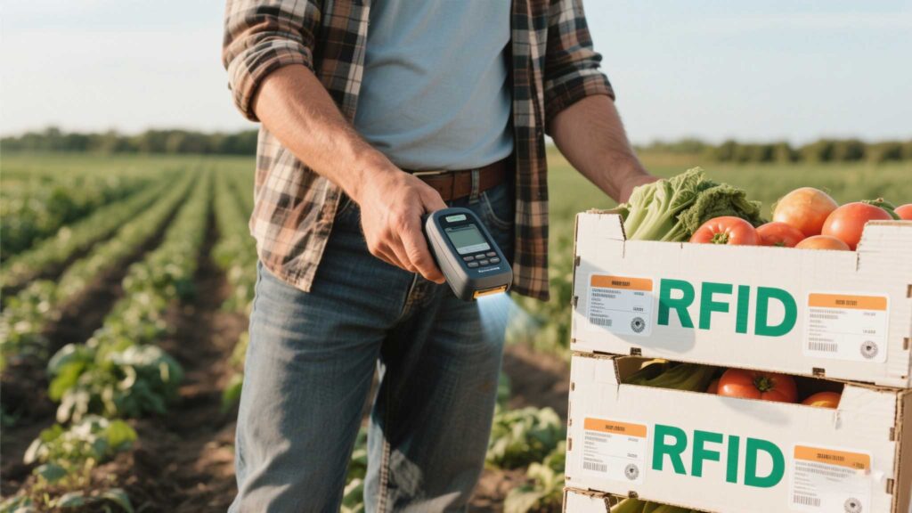 A farmer holding an RFID reader next to tagged produce crates in a field.