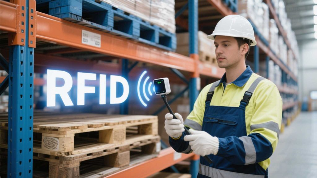Warehouse worker holding an RFID antenna near pallet racks, with signal coverage visualized.