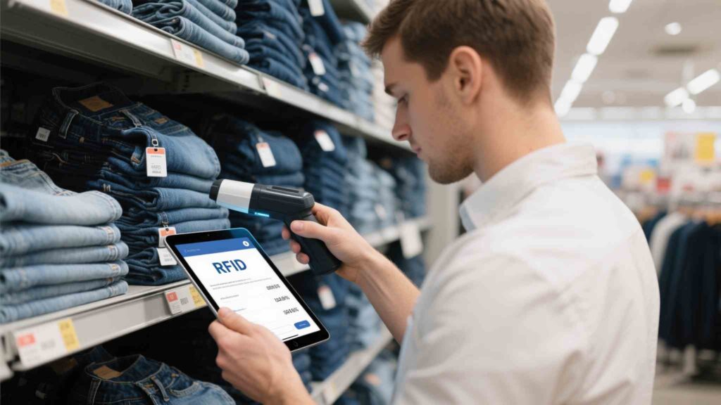 A retail associate scanning RFID-tagged jeans on a shelf, with a tablet showing real-time stock levels.
