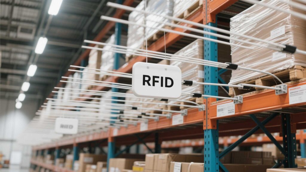 Correctly spaced directional rfid antennas in a retail stockroom.
