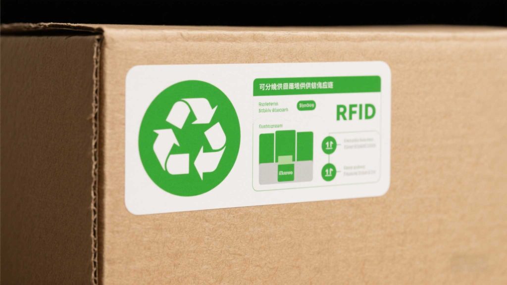 A compostable RFID tag on a cardboard box, with recycling symbols and a green supply chain infographic.