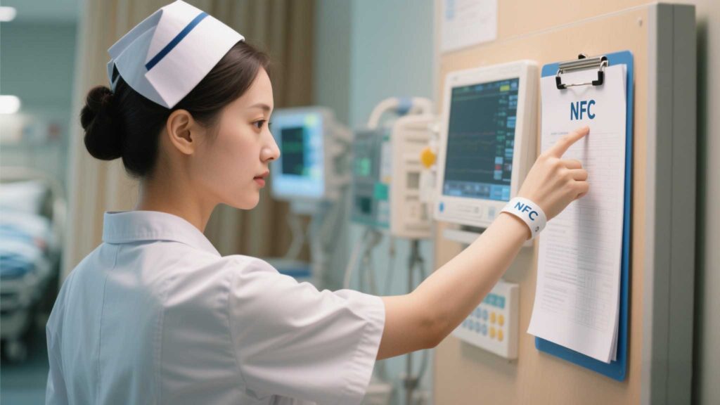 A nurse tapping an NFC wristband to a patient’s chart tablet.