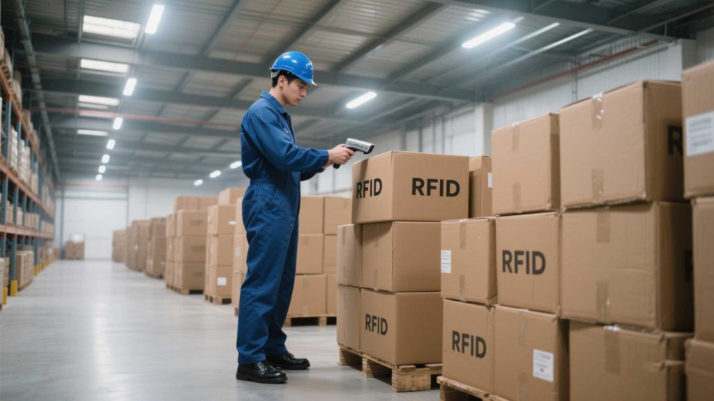 A worker scanning RFID-tagged boxes in a warehouse with a handheld reader.