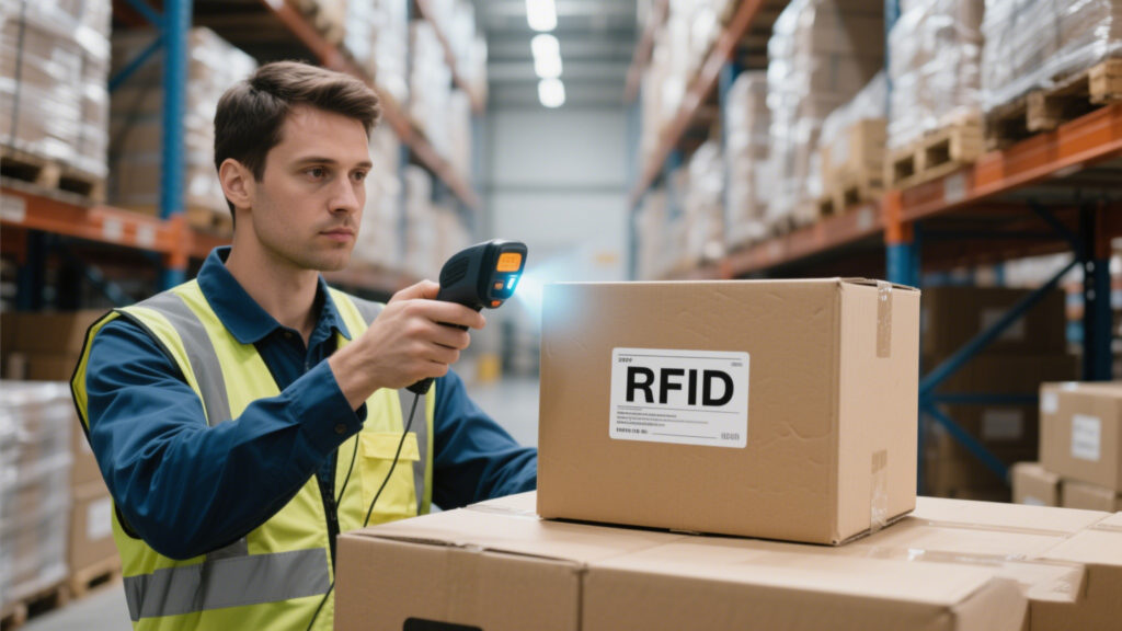 A warehouse worker scanning passive RFID-tagged boxes with a handheld reader