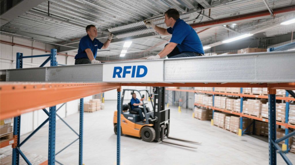 Technician installing an RFID antenna on a warehouse ceiling, with forklifts passing below.