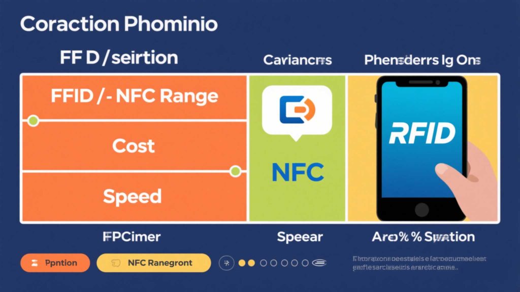 Comparison chart of RFID vs NFC range, cost, and speed.