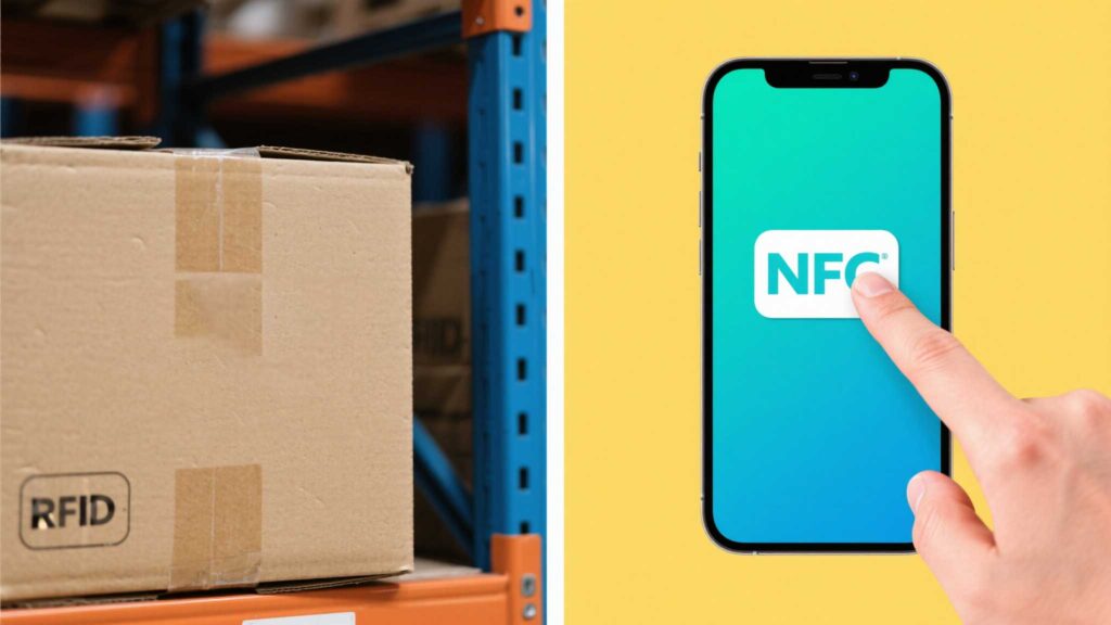 Split-screen: Left shows RFID tags on warehouse boxes;  right shows a smartphone tapping an NFC tag.