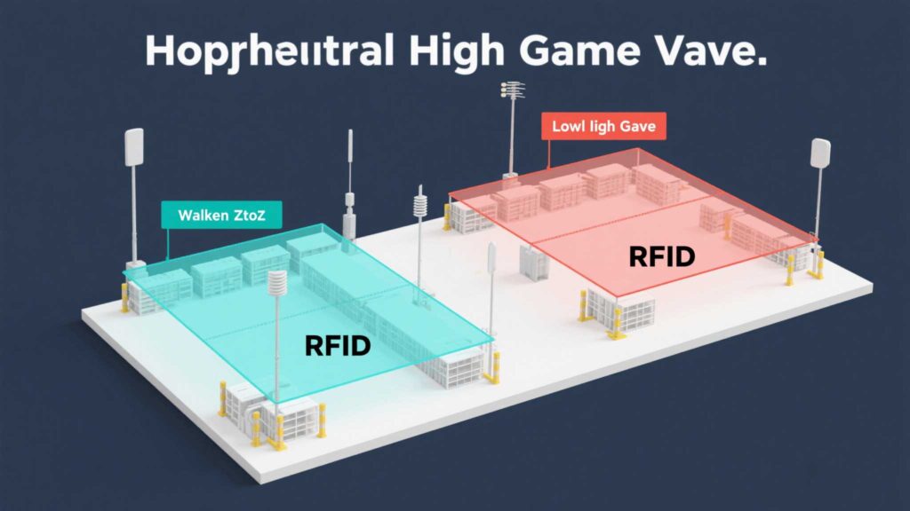 Diagram comparing high-gain vs. low-gain rfid antenna coverage in different warehouse zones.
