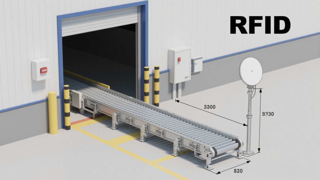 Diagram showing optimal antenna angles and heights for dock door vs. conveyor belt setups.
