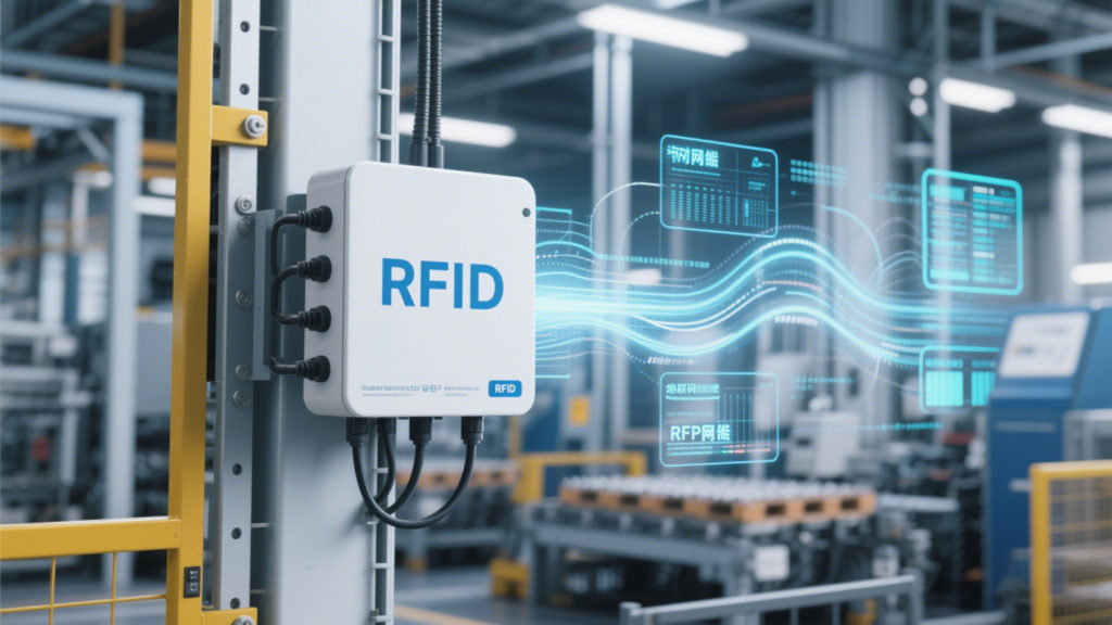 An industrial IoT-RFID gateway installed in a factory, with data streams visualized.