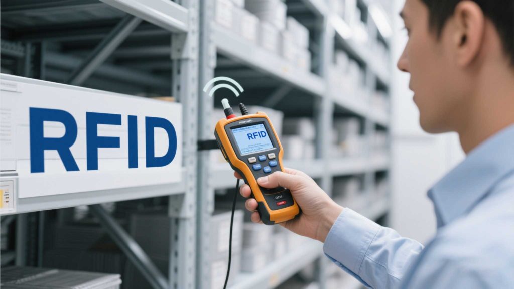 Technician using a handheld analyzer to detect RFID signal interference.