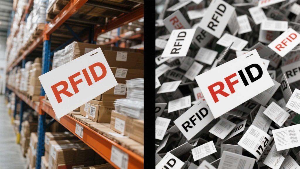 Split-screen showing chaotic vs. optimized RFID tag placement in a warehouse.