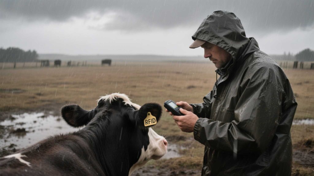 A rancher scanning a cow’s RFID ear tag with a handheld reader during a heavy downpour.