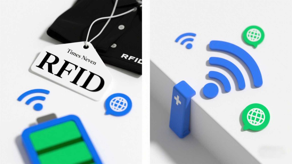 Split-screen comparison of passive and active RFID tags in real-world settings.