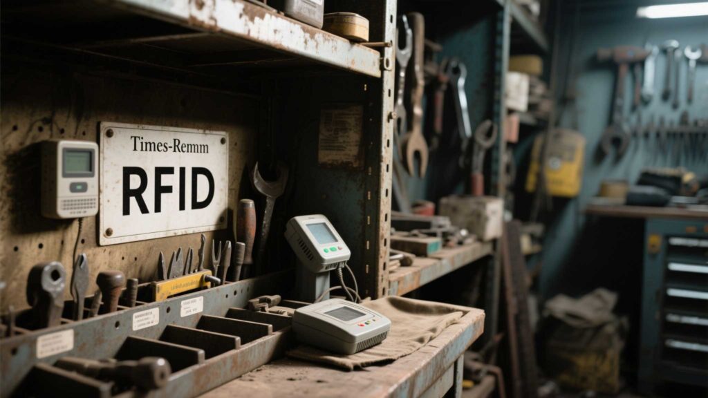 Tool crib with RFID-tagged equipment and reader coverage zones.