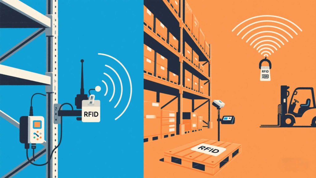 cykeo RFID reader emitting a signal wave extending toward distant tags, with before/after range comparisons.