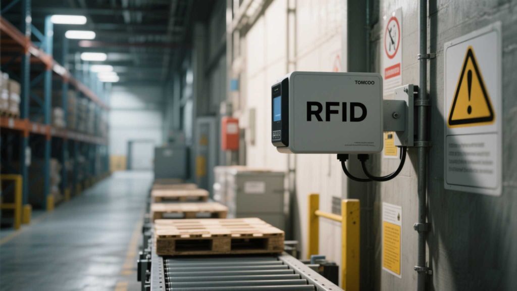cykeo UHF reader scanning pallets on a conveyor belt (long-range).