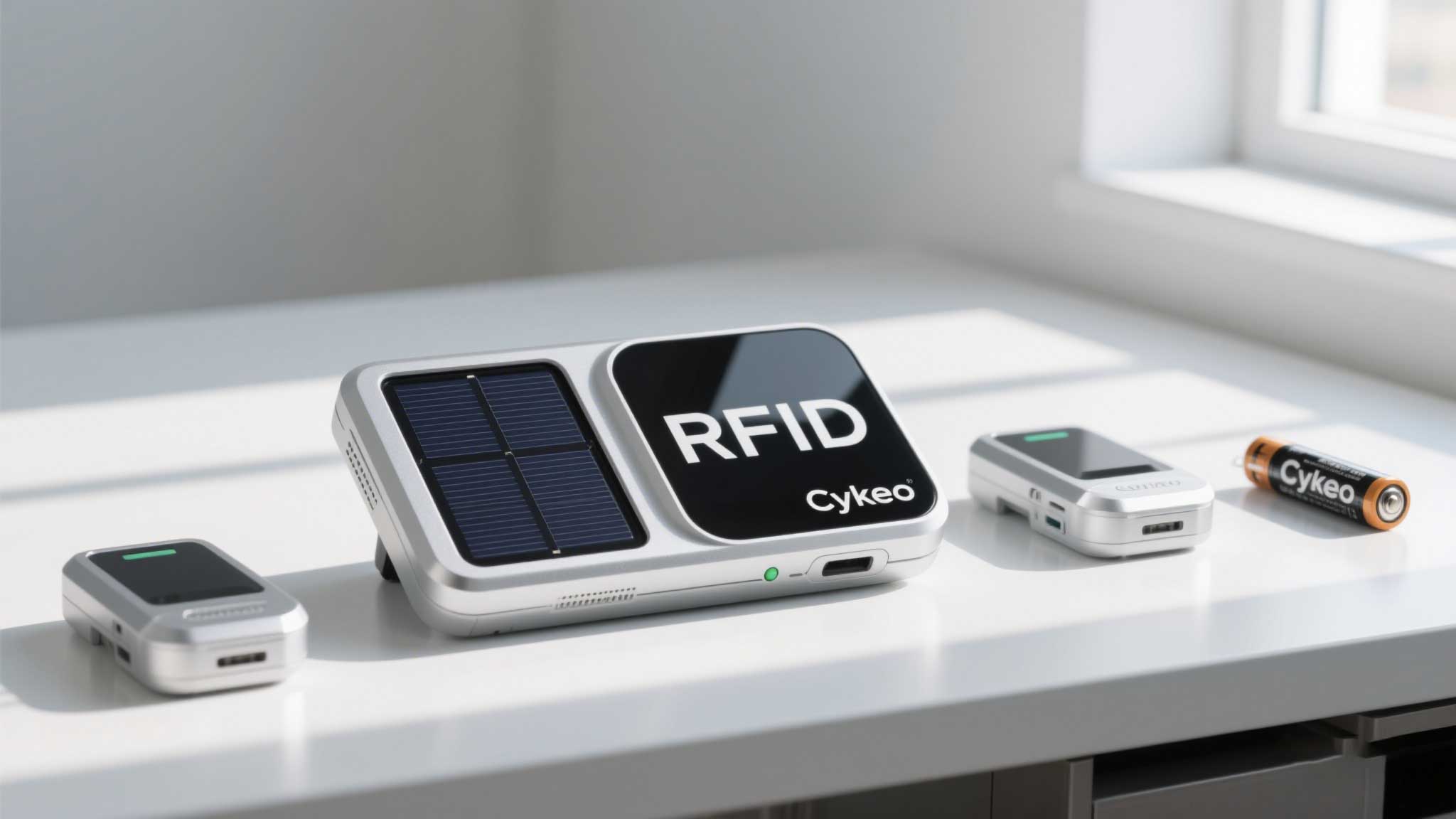 Cykeo reader with a detachable solar panel and spare lithium battery.