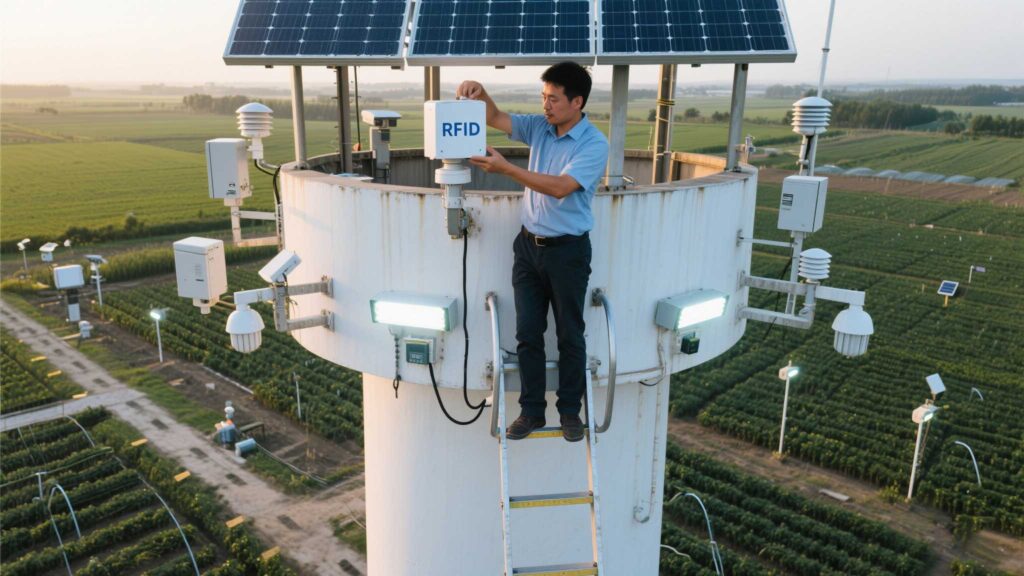 Technician installing a rugged RFID module on a solar-powered agricultural sensor.