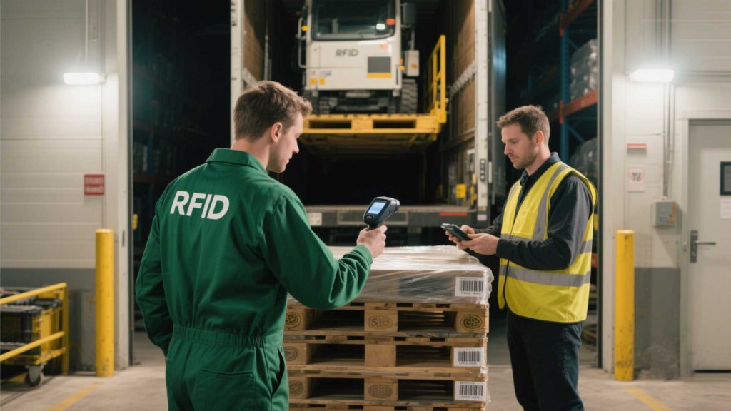 Worker scanning a pallet with an RFID scanner vs. another manually scanning barcodes