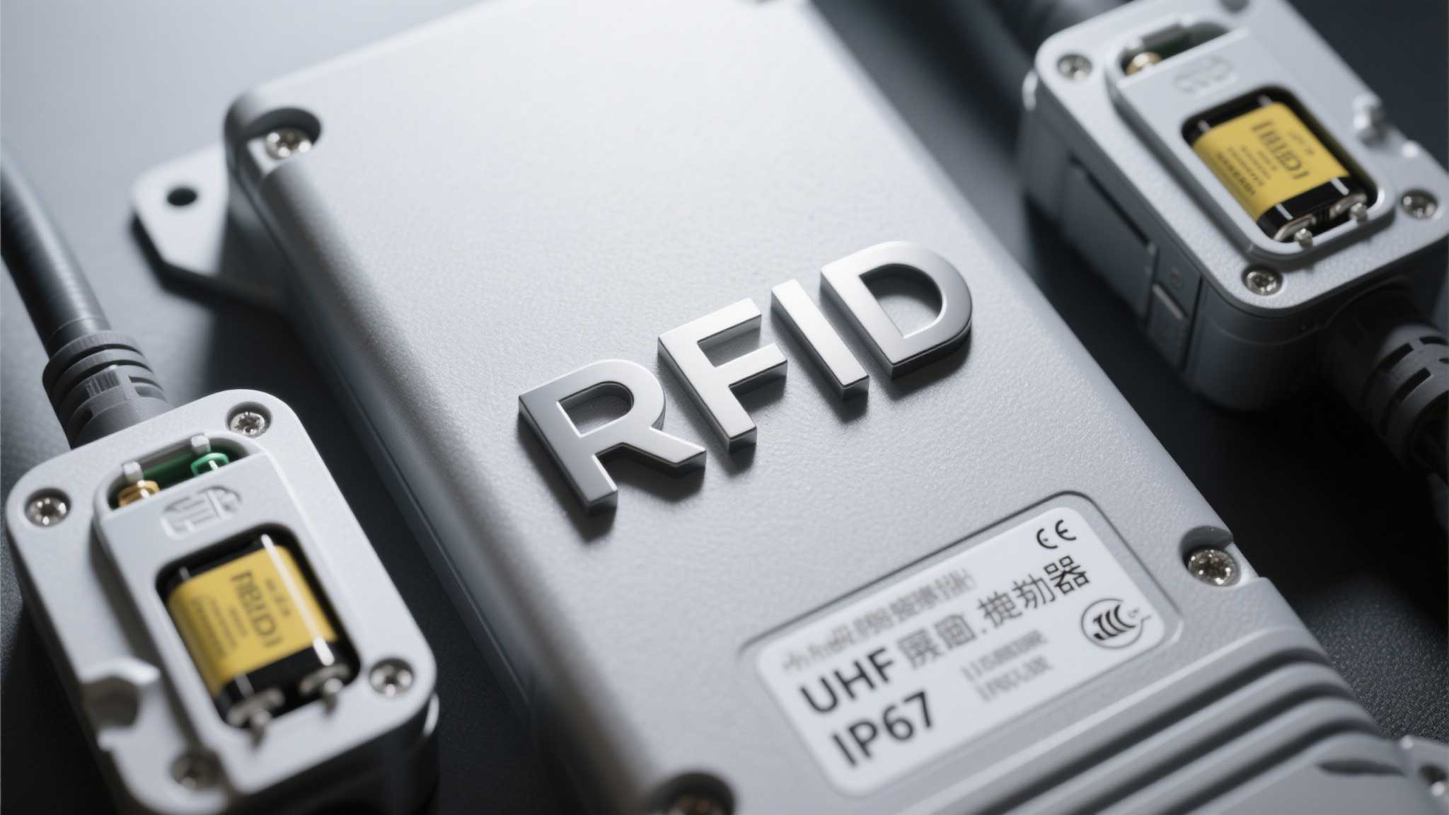 Close-up of a UHF reader’s IP67 rating label and sealed battery compartment.