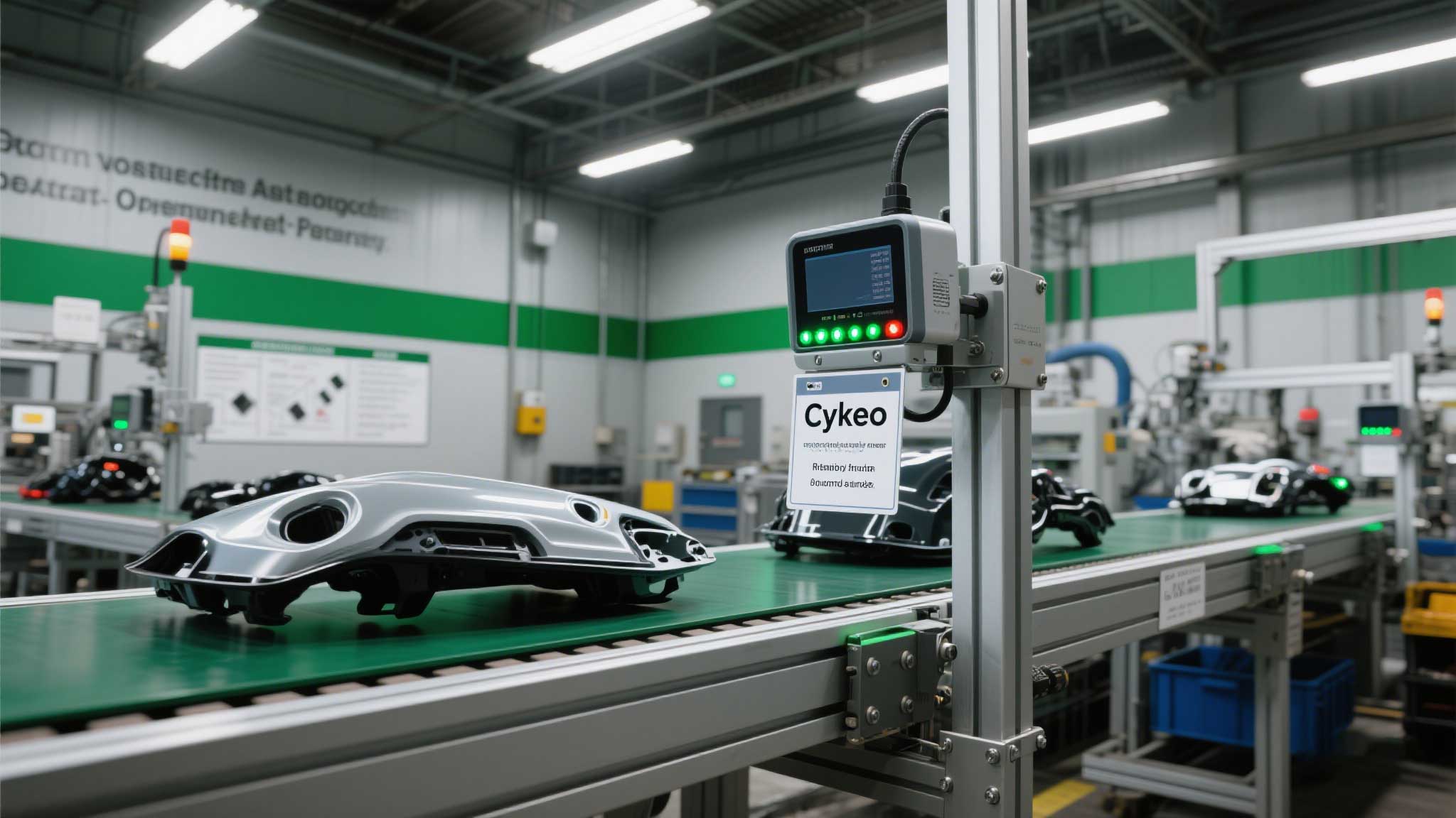 A Cykeo reader mounted on a conveyor belt, scanning tags on car parts with LED status lights.