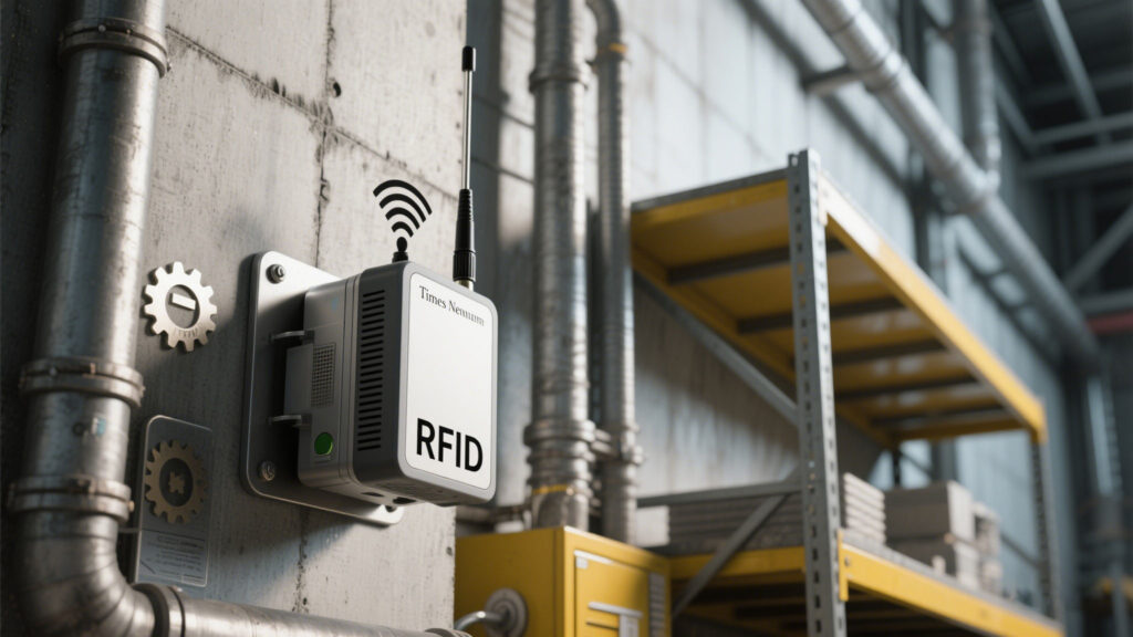 RFID reader scanning tags near a metal wall in an industrial setting.