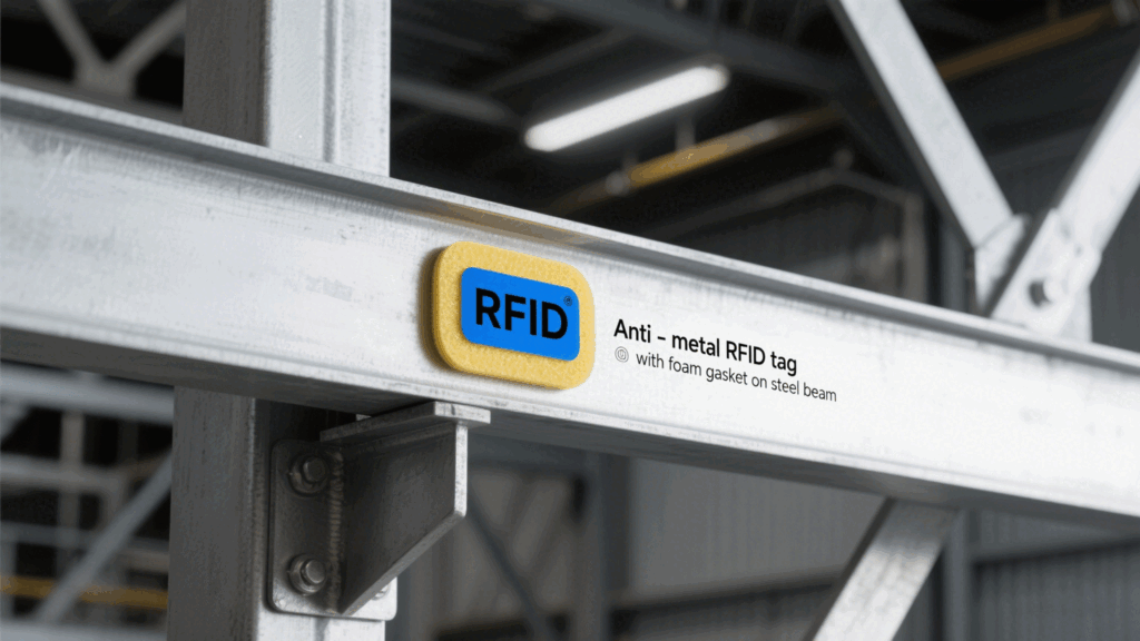 Anti-metal RFID tags with foam spacers on steel beams.