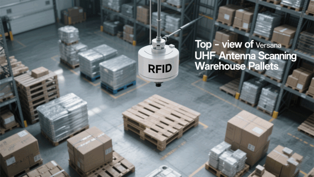 UHF antenna scanning pallets in a warehouse.