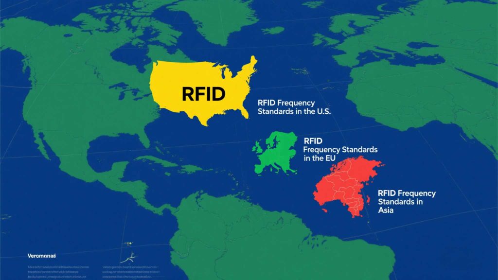Map showing regional RFID frequency standards (U.S., EU, Asia).