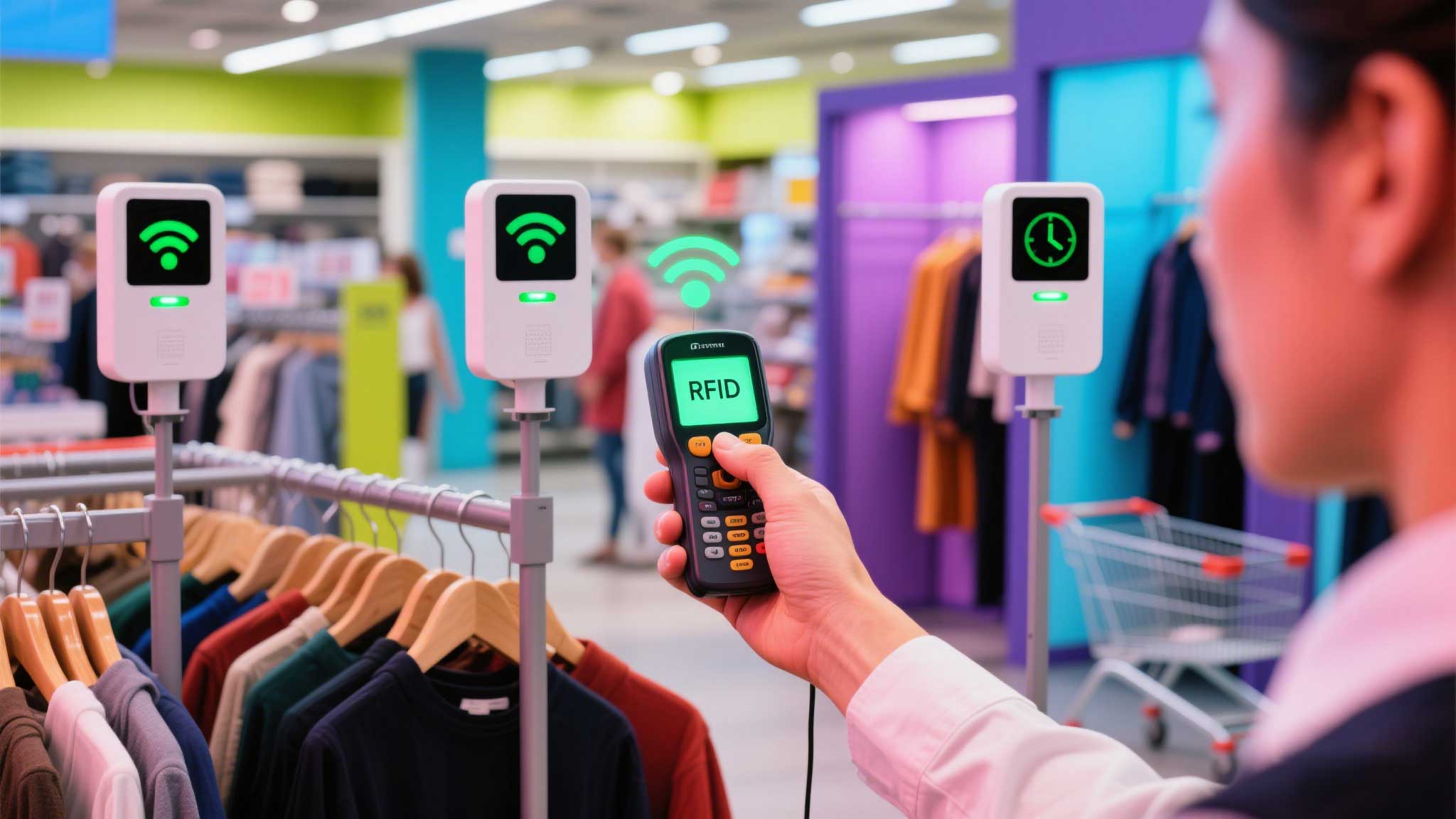 Retail employee using a handheld RFID reader to scan clothing racks while customers shop.
