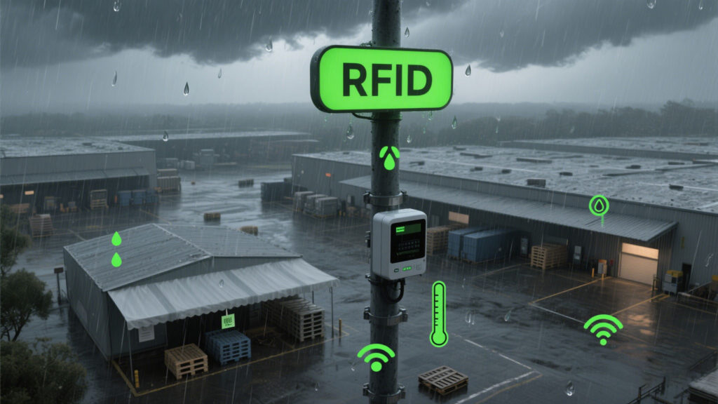 cykeo RFID reader operating in a stormy outdoor environment.