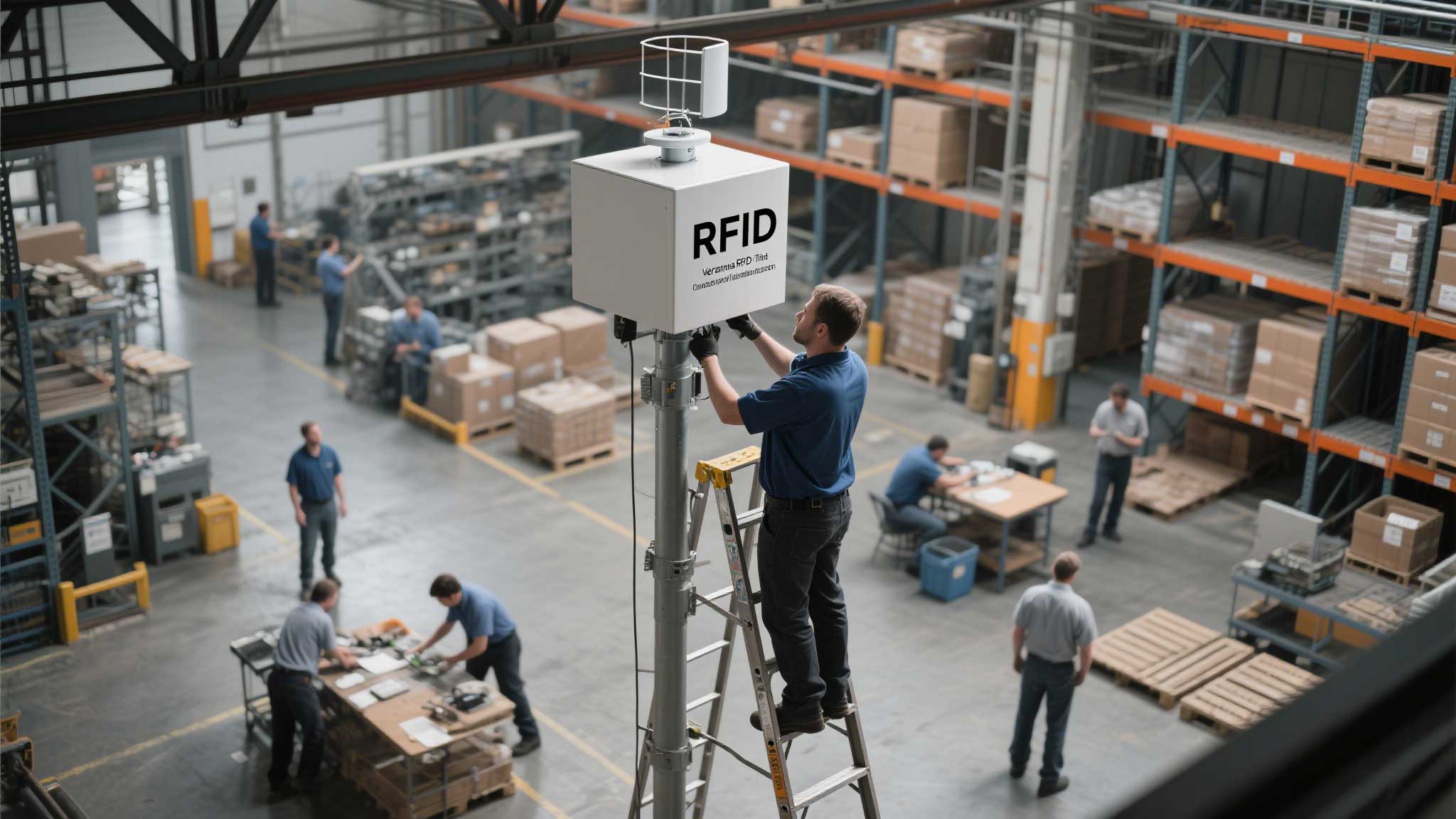 Technician installing a directional UHF RFID antenna in a warehouse IoT setup.