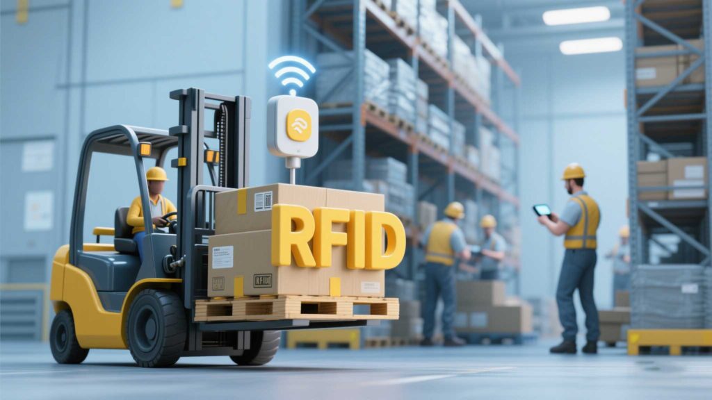cykeo RFID reader mounted on a forklift scanning pallets in a busy warehouse.