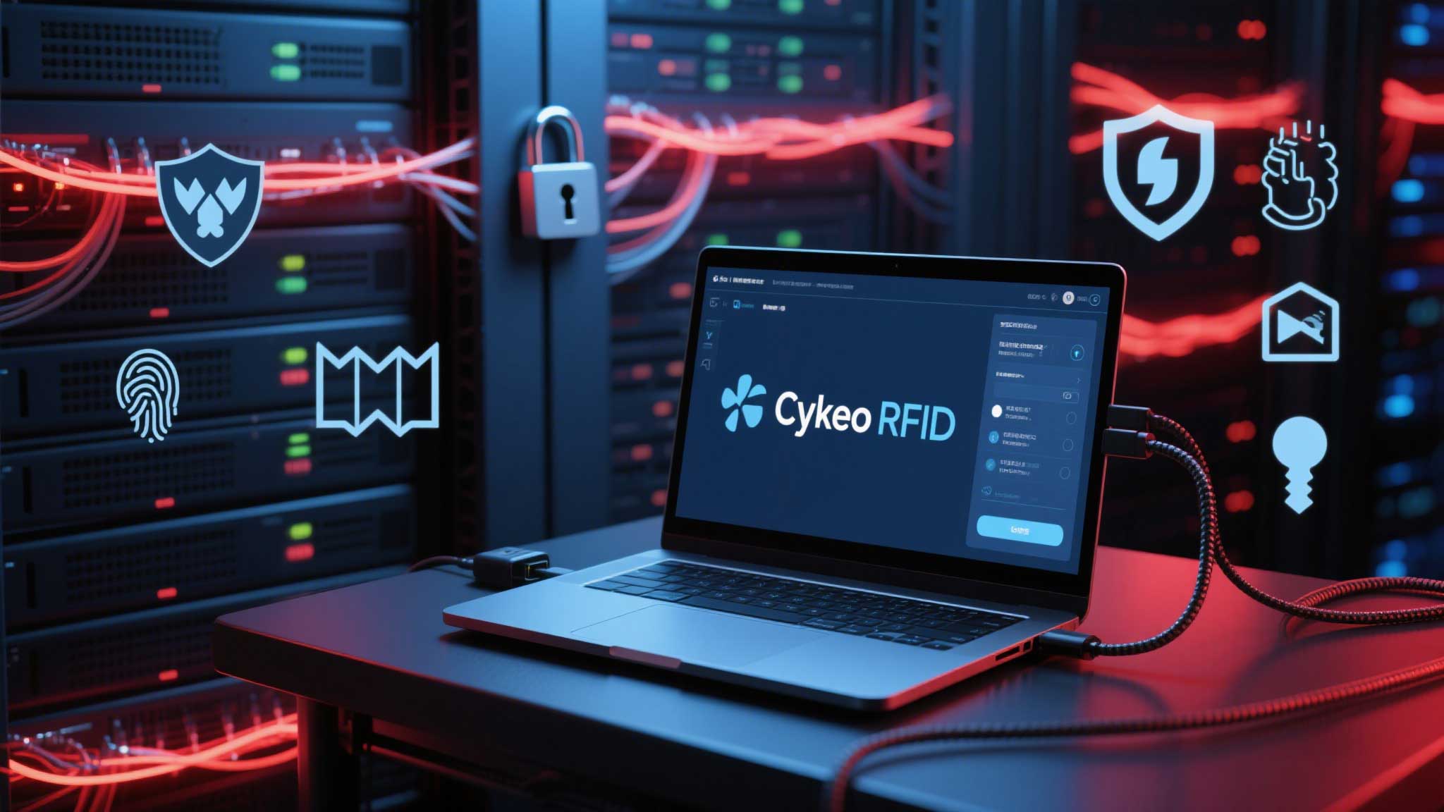 Cykeo reader connected to a laptop showing encryption settings.